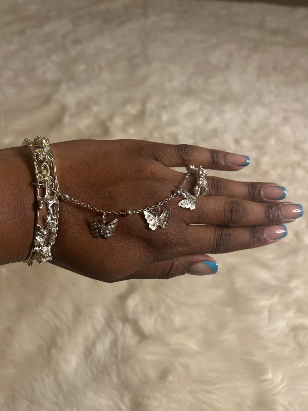 Delicate Silver Butterfly Hand Chain, Ring & Bracelet Set - Silver